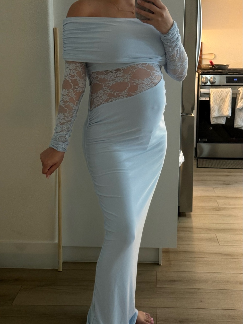 Off-Shoulder Light Blue Lace Maxi Dress with Sheer Waist Panel